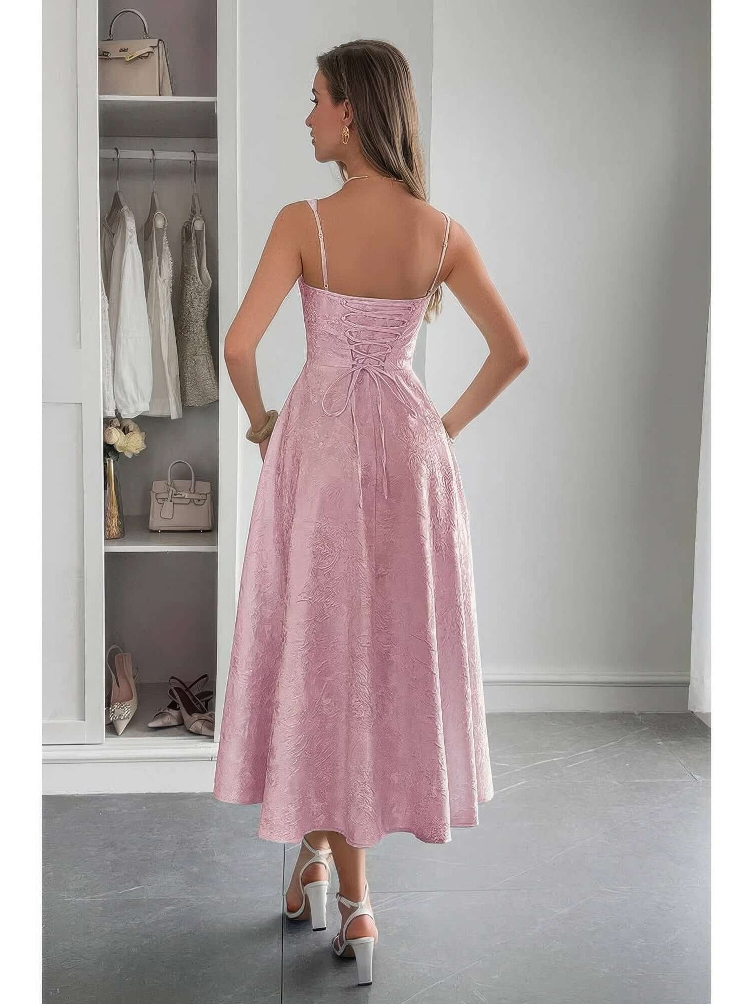 Solid Floral Jacquard Lace High Waist Dress showcased from the back in a soft pink hue, perfect for elegant occasions.