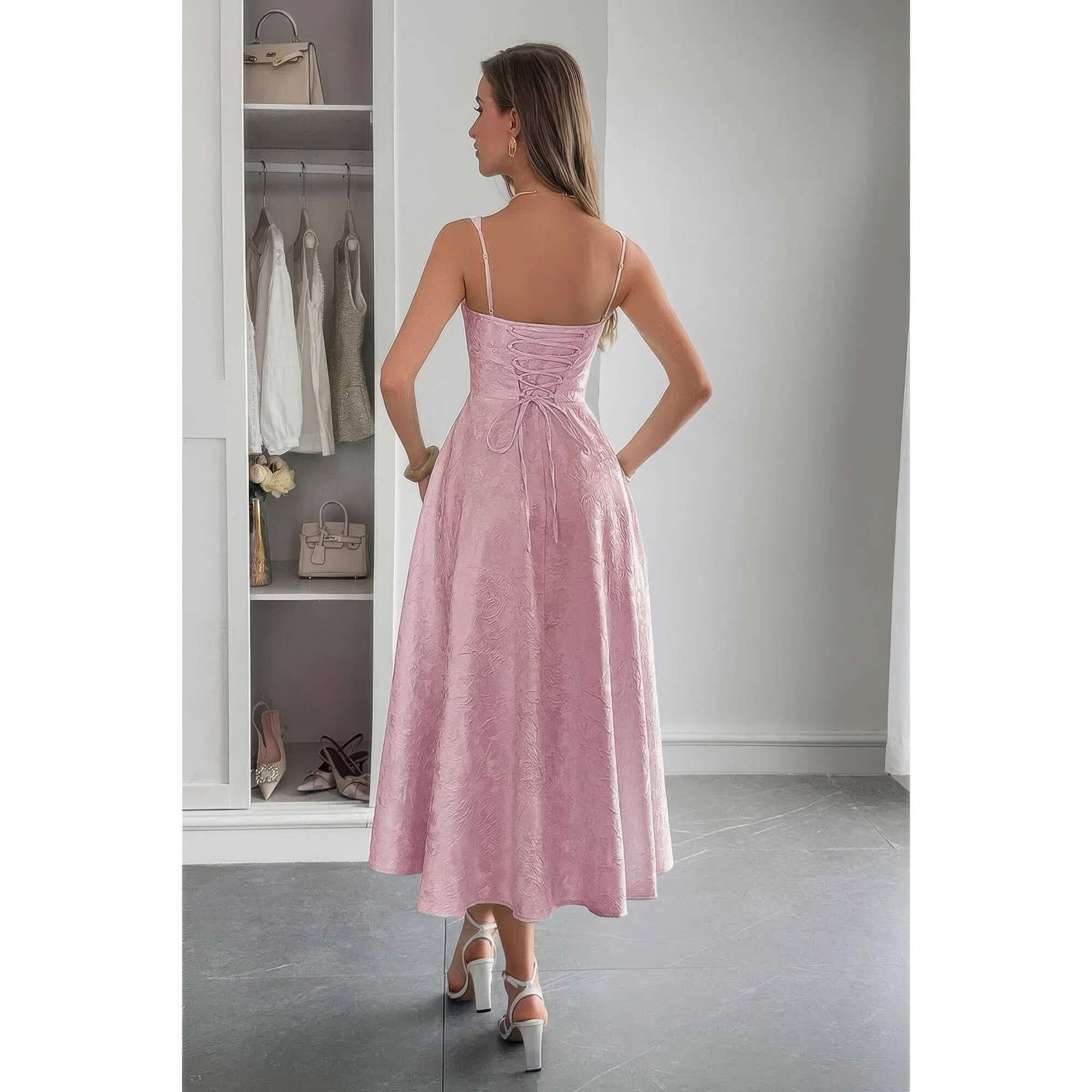 Solid Floral Jacquard Lace High Waist Dress showcased from the back in a soft pink hue, perfect for elegant occasions.