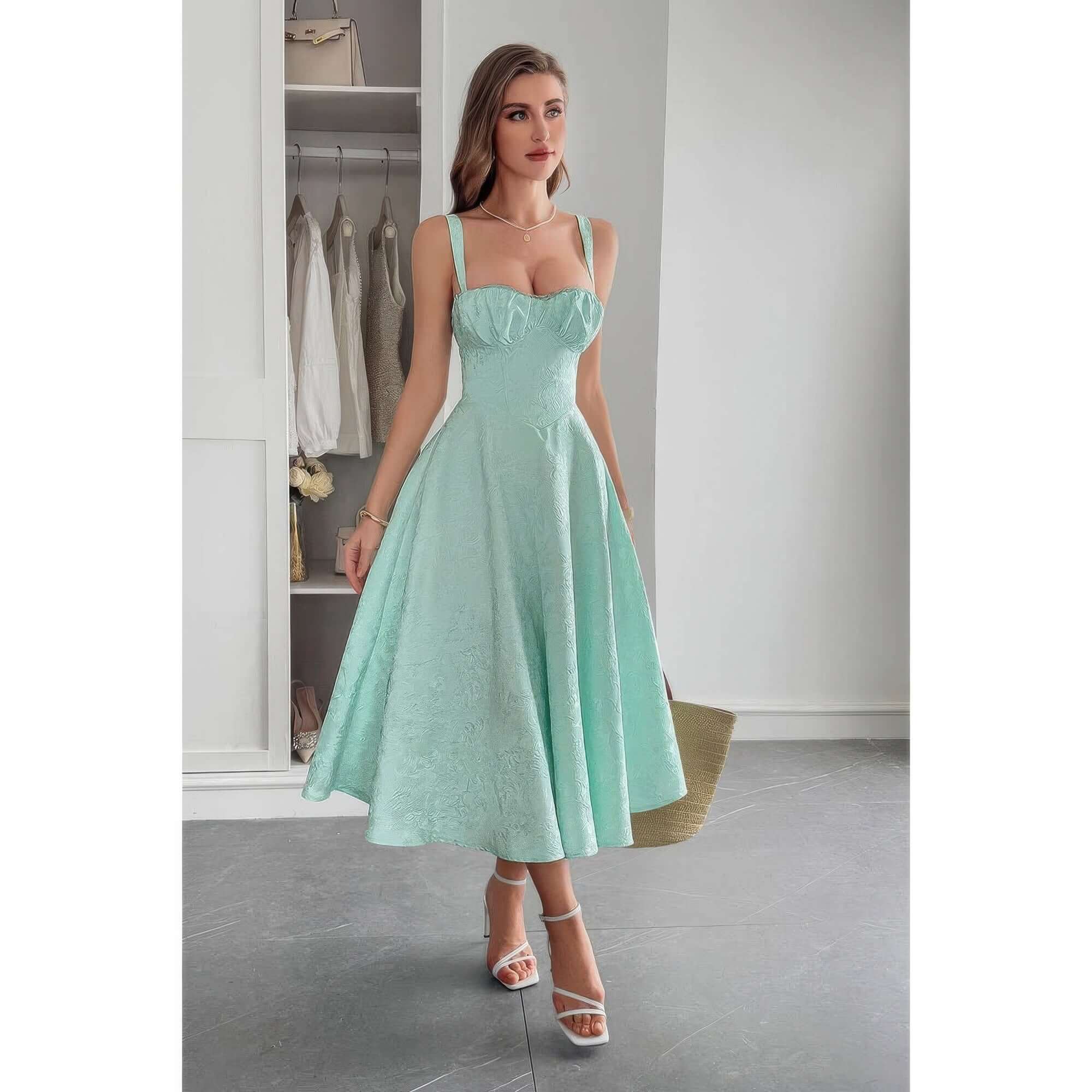 Solid Floral Jacquard Lace High Waist Dress in mint green, featuring a flattering silhouette and romantic lace design.