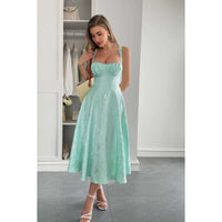 Solid Floral Jacquard Lace High Waist Dress in mint green, featuring a flattering silhouette and floral lace design.