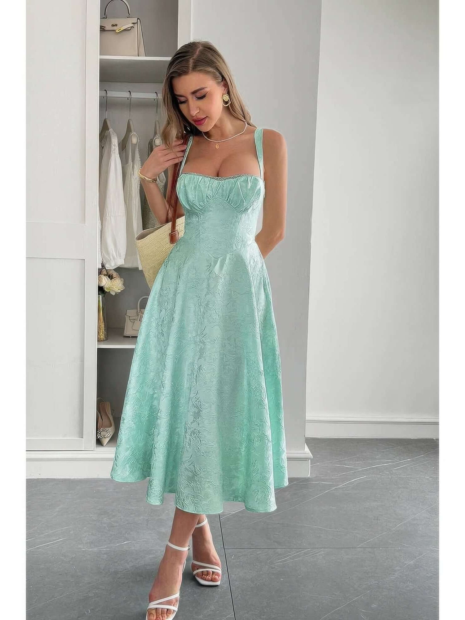 Solid Floral Jacquard Lace High Waist Dress in mint green, featuring a flattering silhouette and floral lace design.