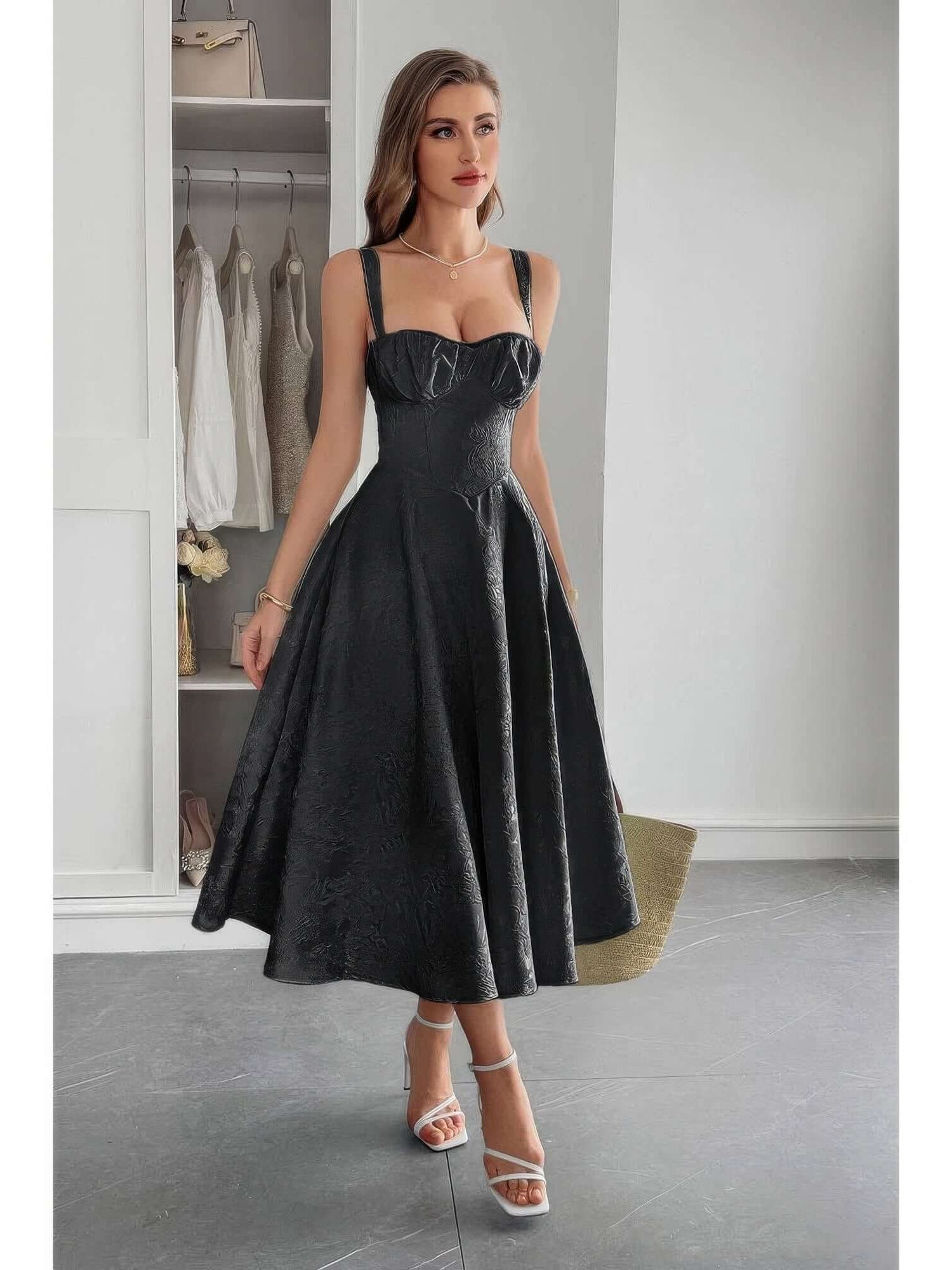 Solid Floral Jacquard Lace High Waist Dress in elegant black with a flattering silhouette and a romantic design.