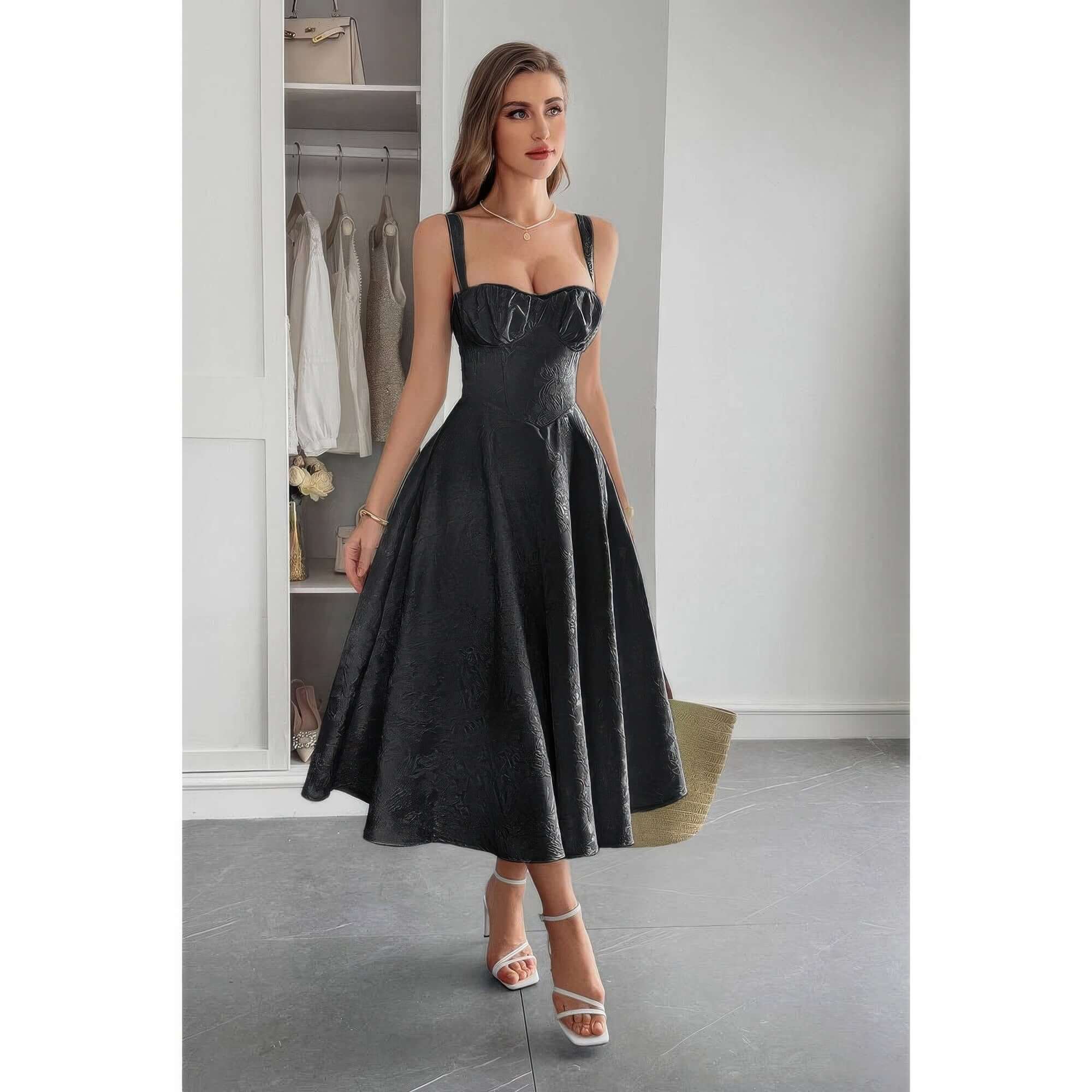 Solid Floral Jacquard Lace High Waist Dress in elegant black with a flattering silhouette and a romantic design.