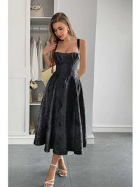 Elegant woman in a Solid Floral Jacquard Lace High Waist Dress, showcasing timeless femininity and sophisticated style.
