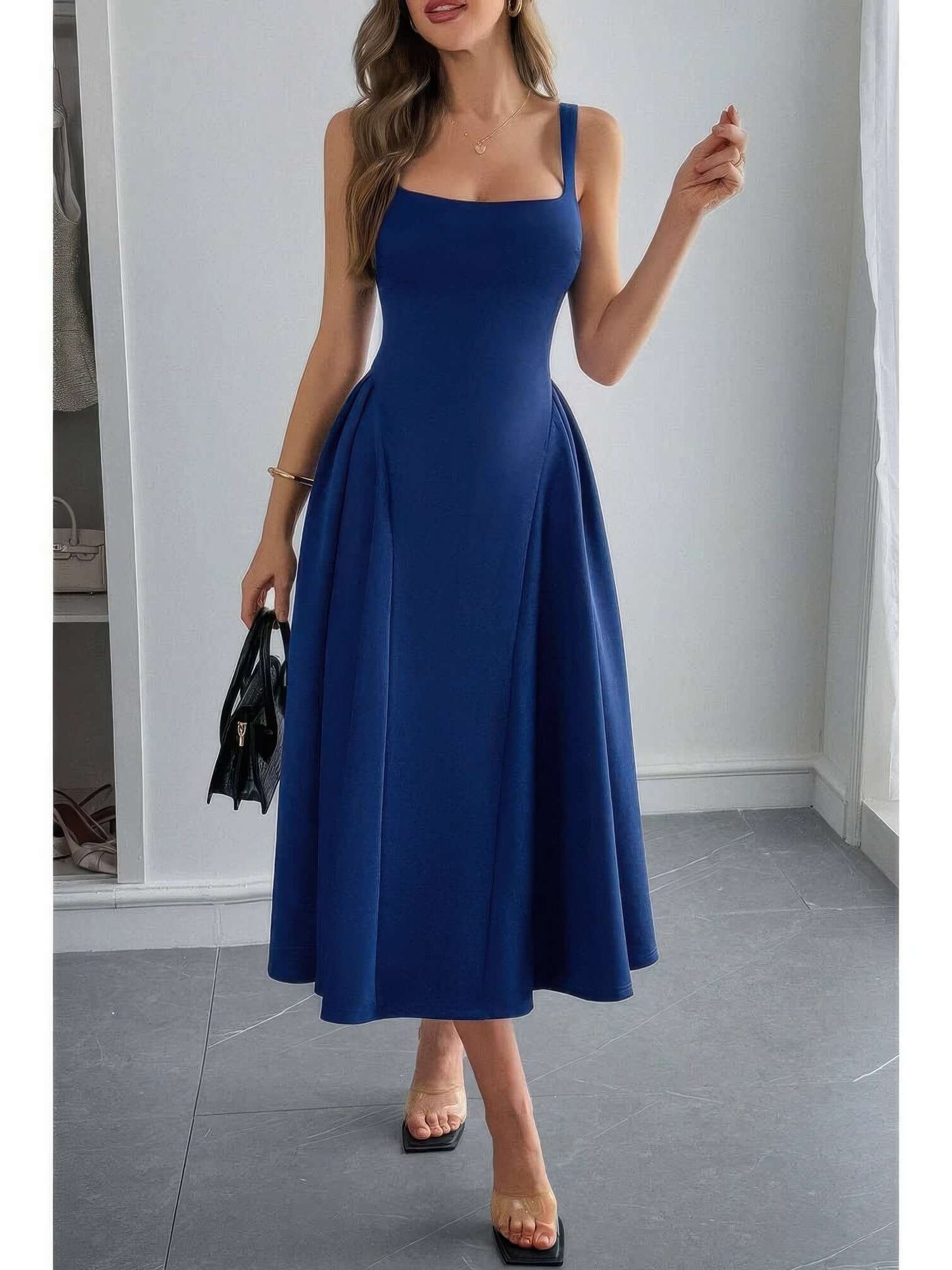 Square Neck A Line Pleated Sleeveless Long Dress in a stunning navy blue, showcasing elegant pleating and a flattering fit.