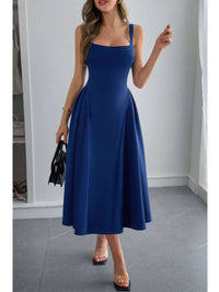 Square Neck A Line Pleated Sleeveless Long Dress in a stunning navy blue, showcasing elegant pleating and a flattering fit.