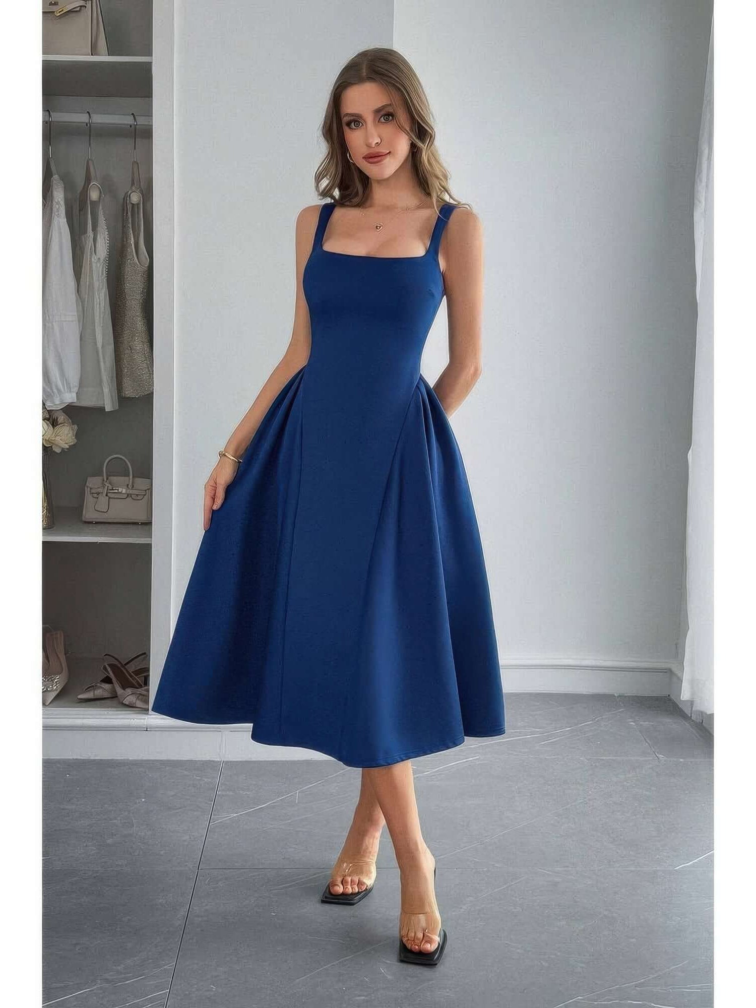 Square Neck A Line Pleated Sleeveless Long Dress in navy blue, ideal for elegant occasions and special events.