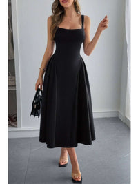 Square Neck A Line Pleated Sleeveless Long Dress in black, featuring a flattering fit and elegant style.