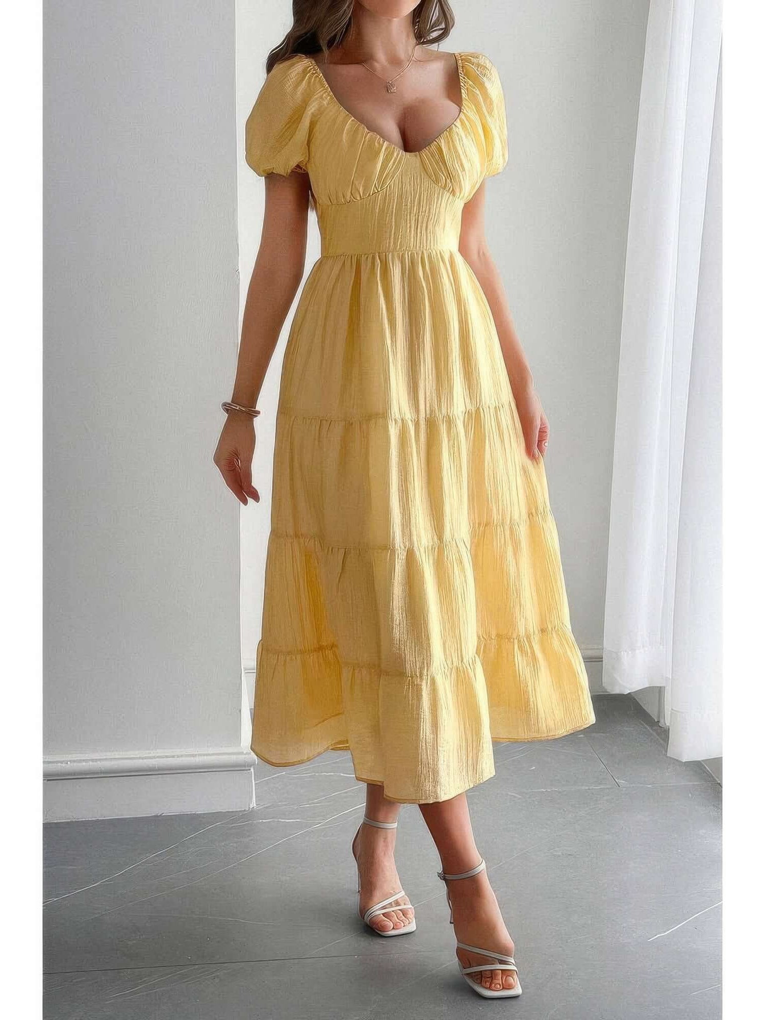 Solid Backless Tiered Puff Sleeve Fit Midi Dress in yellow with puff sleeves and a tiered skirt, perfect for special occasions.