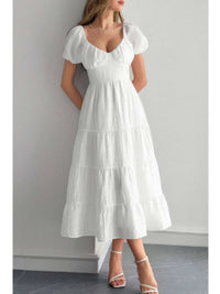 Solid Backless Tiered Puff Sleeve Fit Midi Dress in white, featuring puff sleeves and a flowing tiered skirt.