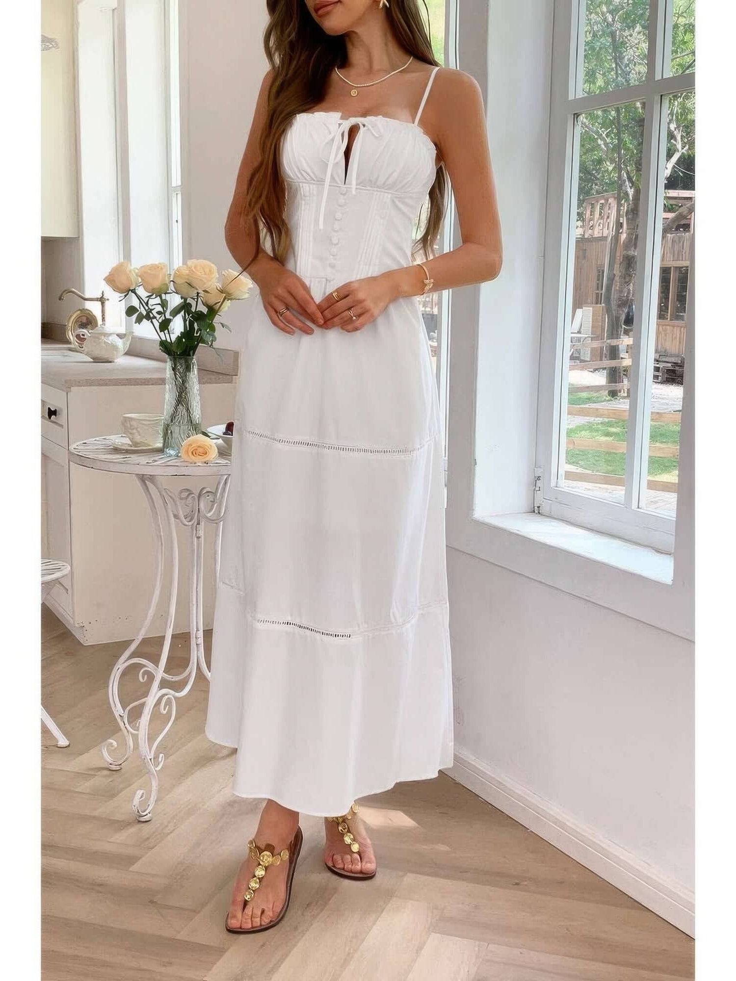 Solid Button Decor Pintuck Eyelet Shirred Dress worn by model in a bright interior setting with flowers.