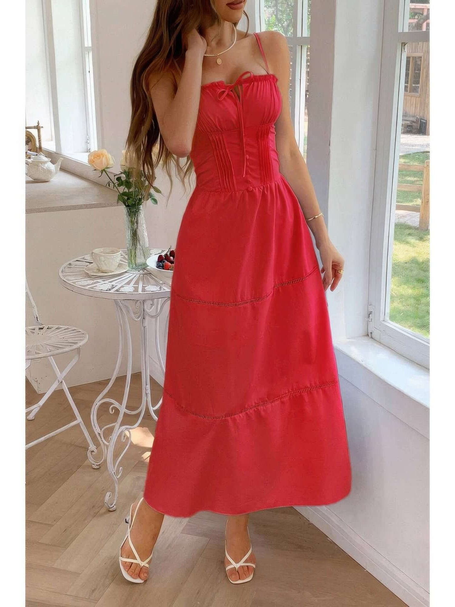 Solid Button Decor Pintuck Eyelet Shirred Dress in bright red, featuring a shirred waist and spaghetti straps, perfect for casual outings.