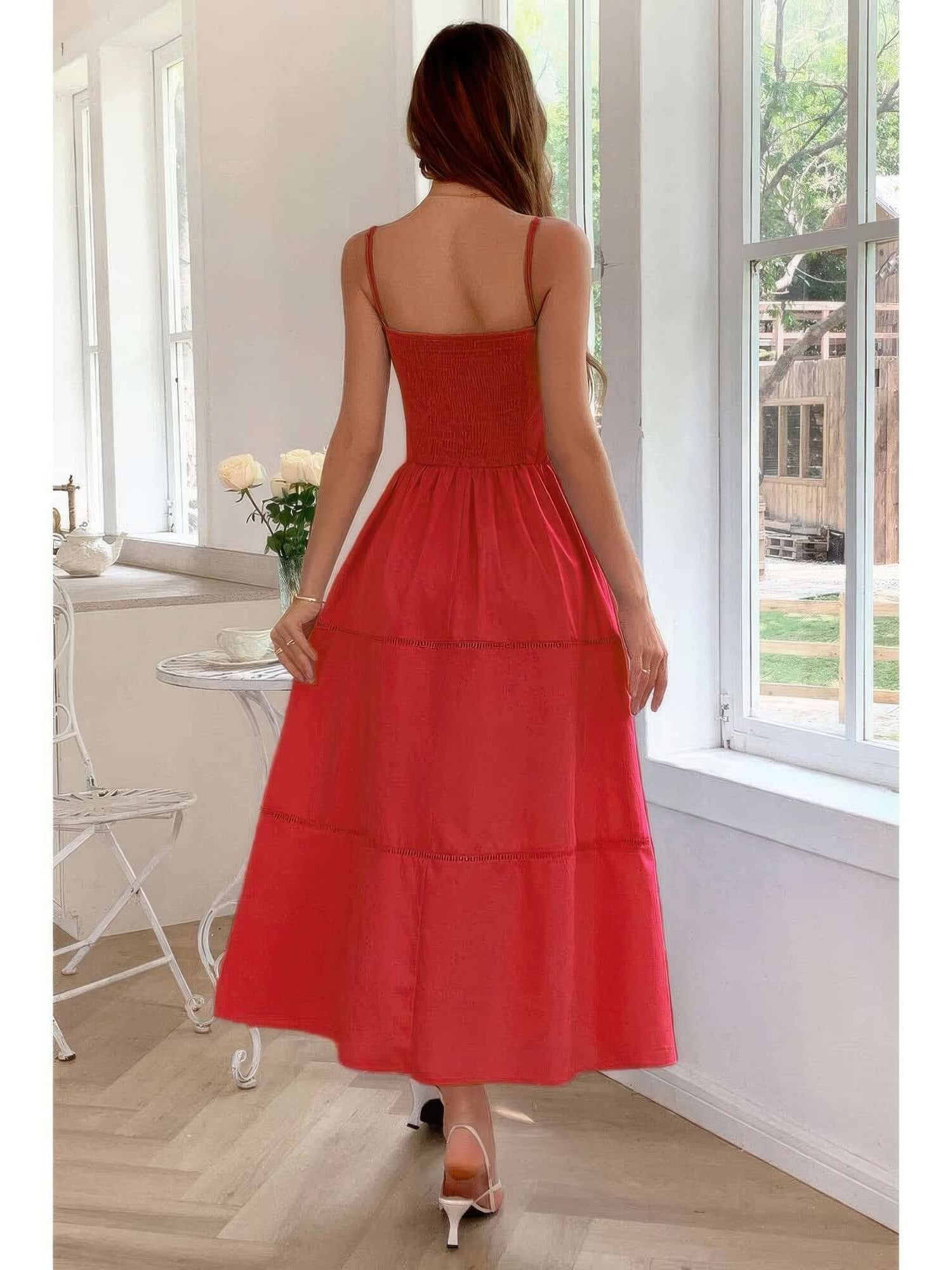 Solid Button Decor Pintuck Eyelet Shirred Dress worn by a model from the back in a bright setting.