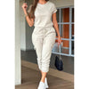 One Piece Solid Round Neck Shirt Drawstring Jumpsuit