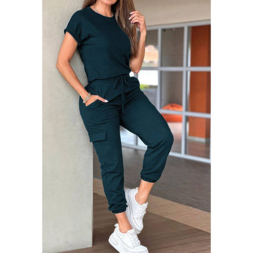 One Piece Solid Round Neck Shirt Drawstring Jumpsuit