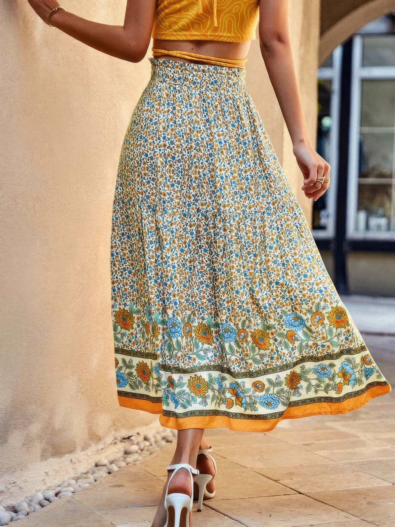 A woman wearing a Drawstring Floral Ruffled Maxi Skirt, showcasing its vibrant floral pattern and flowing design.