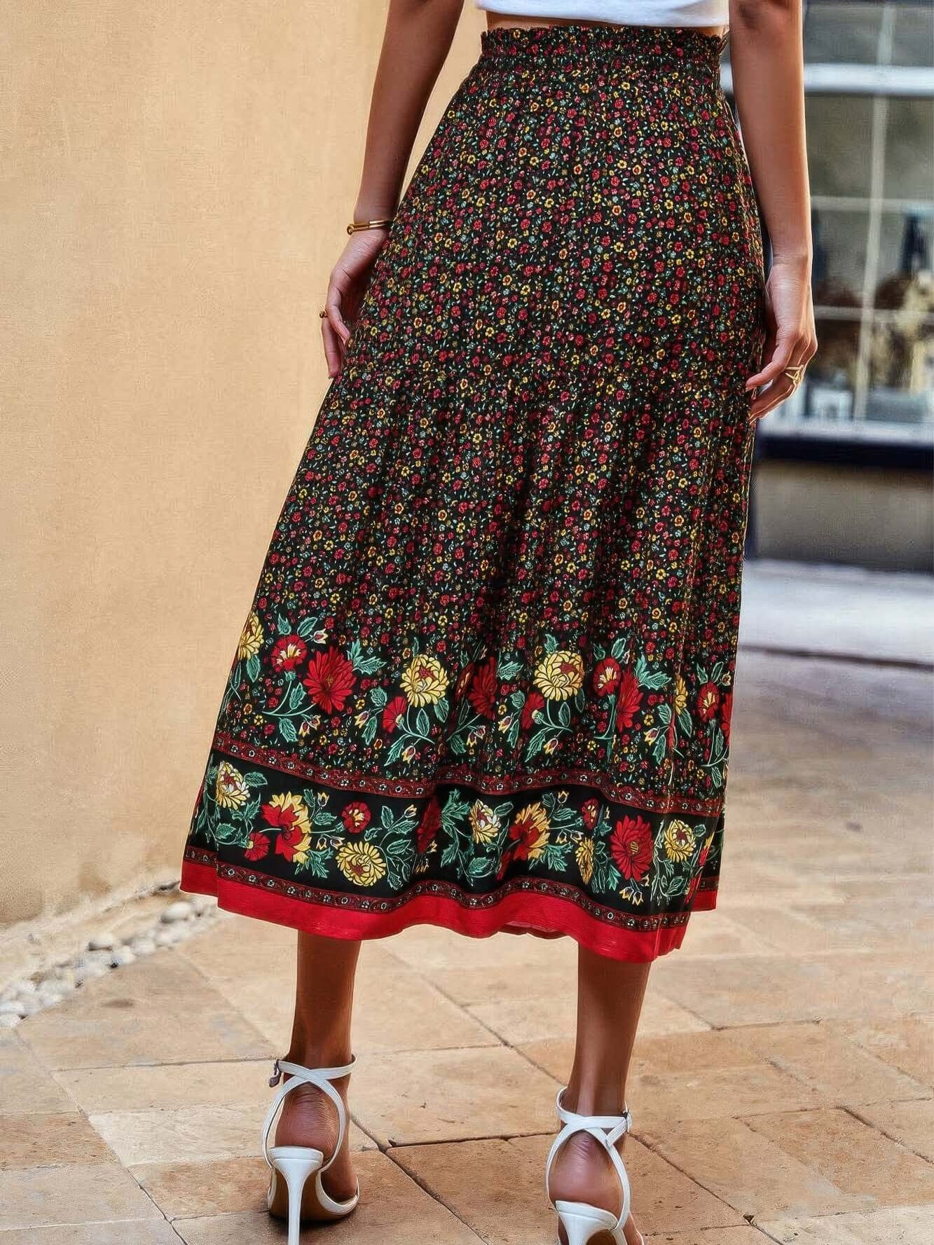 Drawstring Floral Ruffled Maxi Skirt featuring a colorful floral print and ruffled hem, perfect for warm weather.