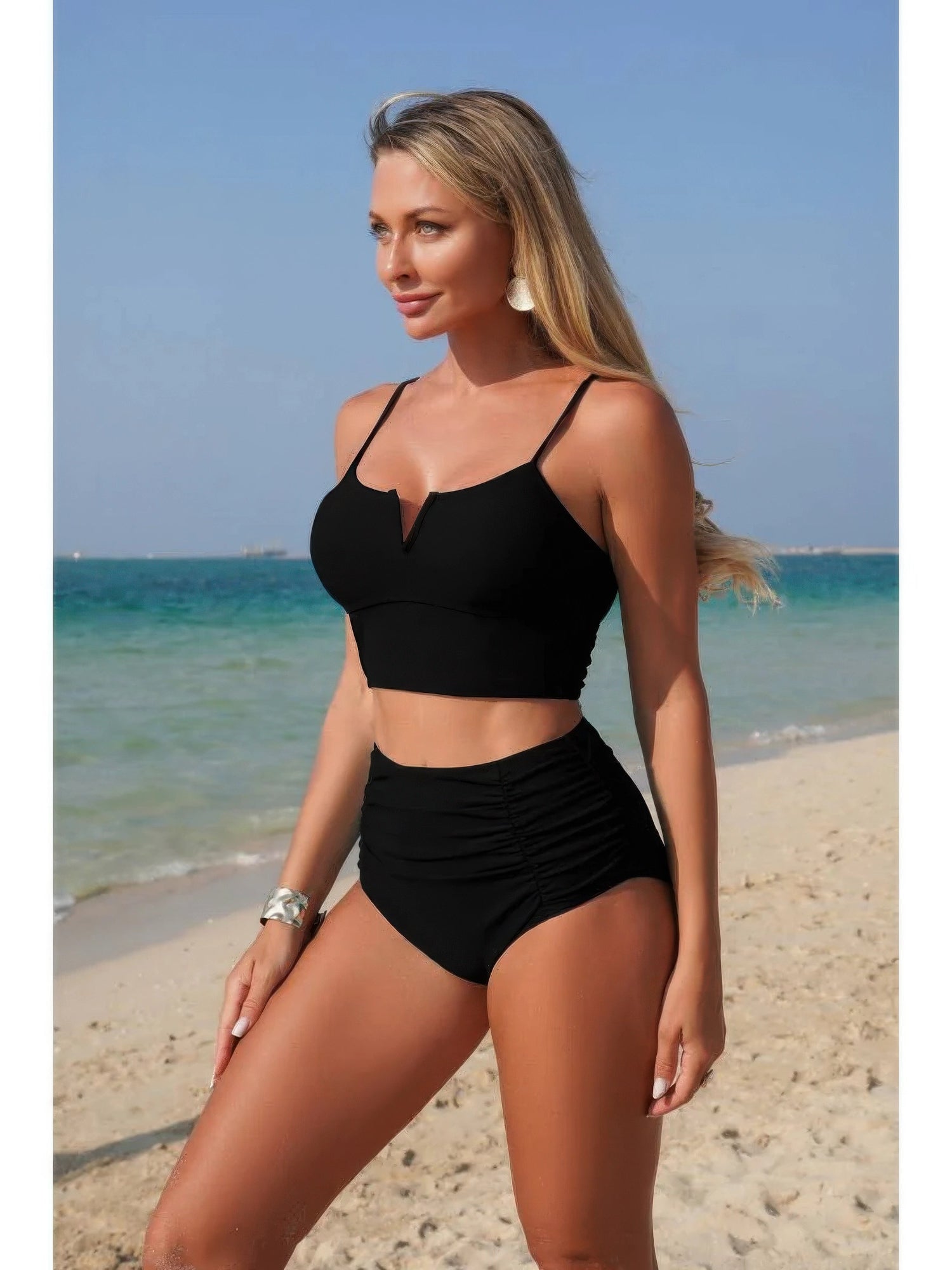 The Portofino Pleated Bikini – high waisted pleated strap bikini set, view 2