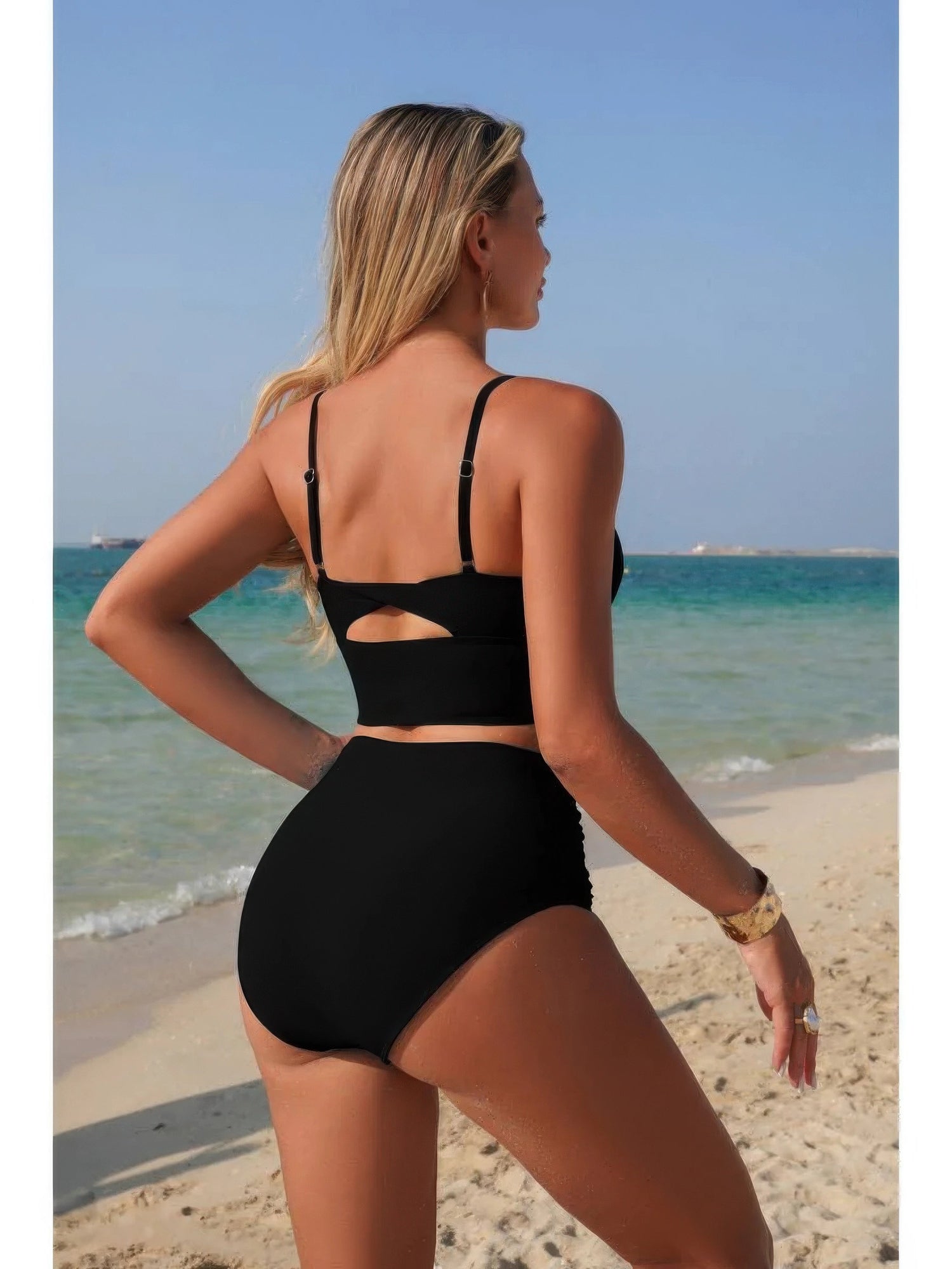 The Portofino Pleated Bikini – high waisted pleated strap bikini set, view 4