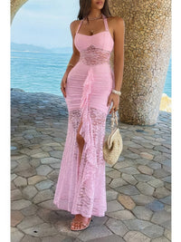 The Rosa Draped Bodycon Dress – pink halter lace ruched bodycon dress, view 2