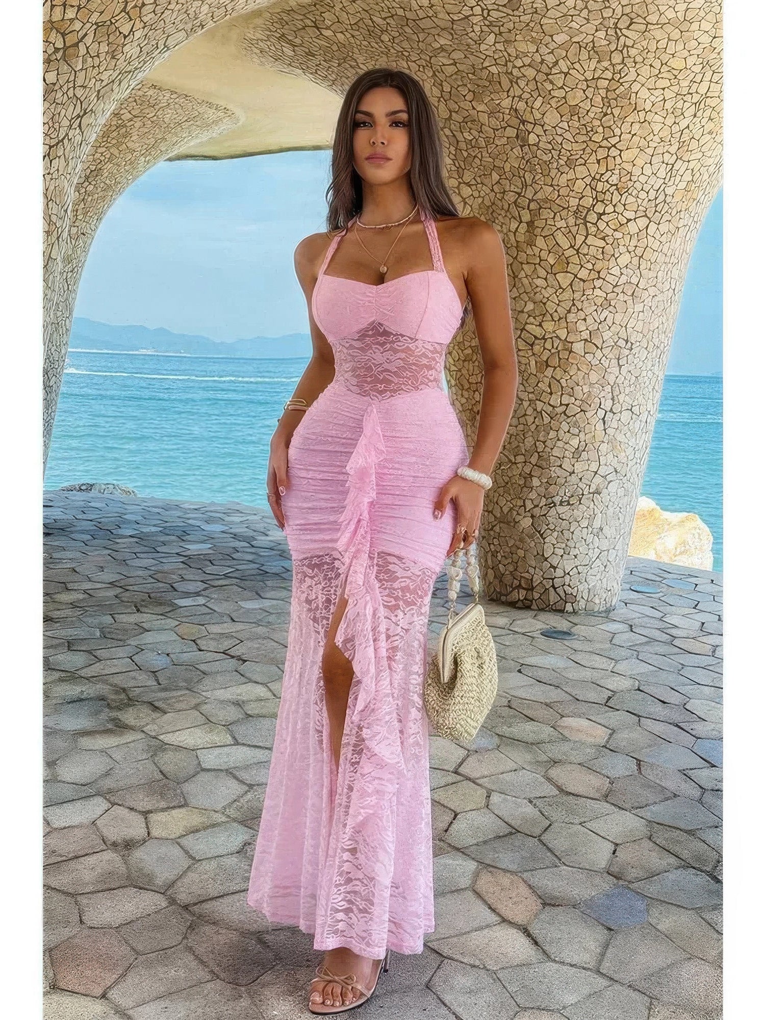 The Rosa Draped Bodycon Dress – pink halter lace ruched bodycon dress, view 3