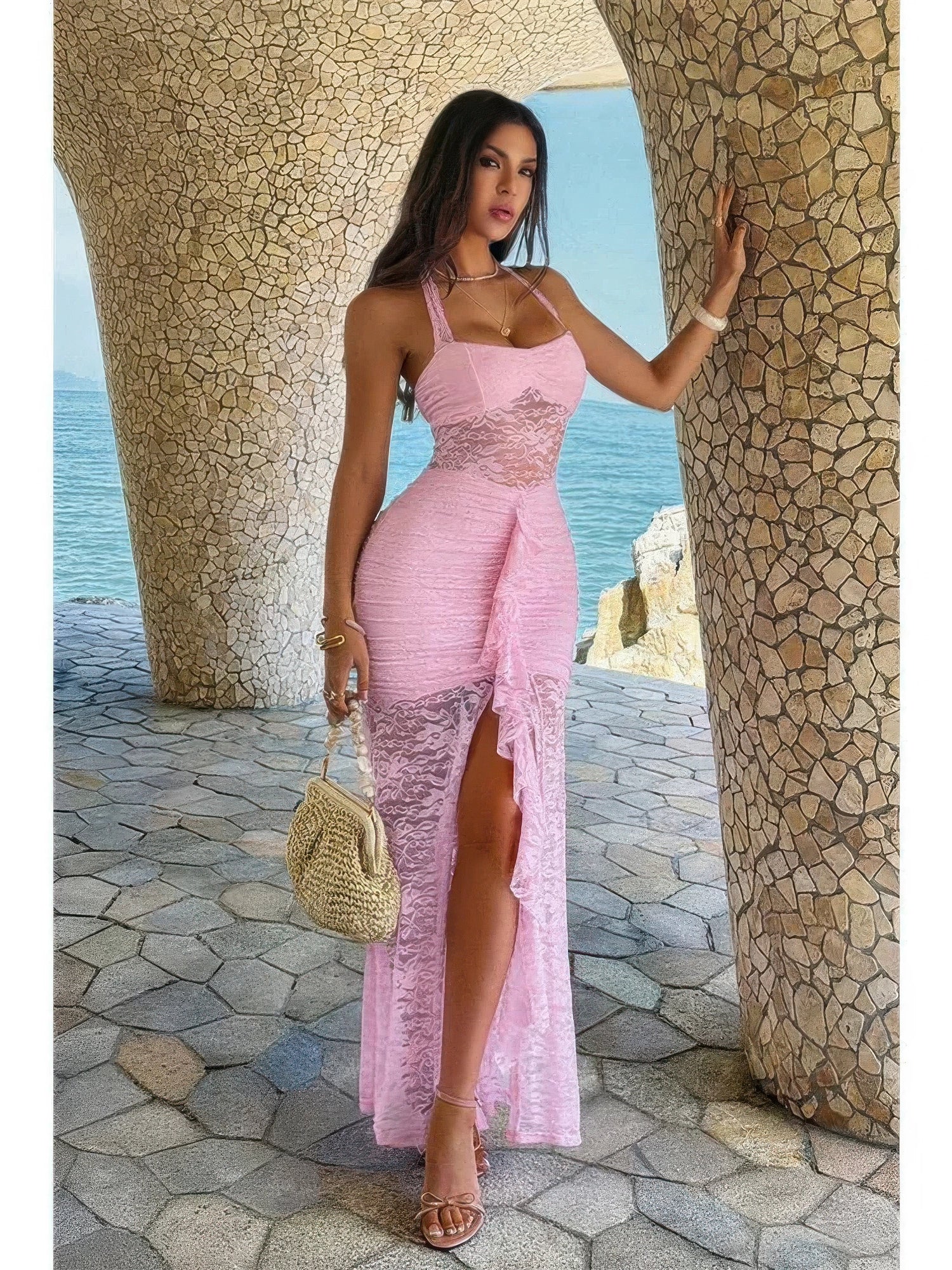 The Rosa Draped Bodycon Dress – pink halter lace ruched bodycon dress, view 4