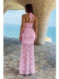 The Rosa Draped Bodycon Dress – pink halter lace ruched bodycon dress, view 6