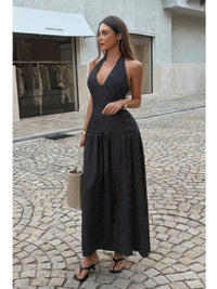 The Loretta Polka Dot Maxi – black polka dot halter maxi dress, view 3