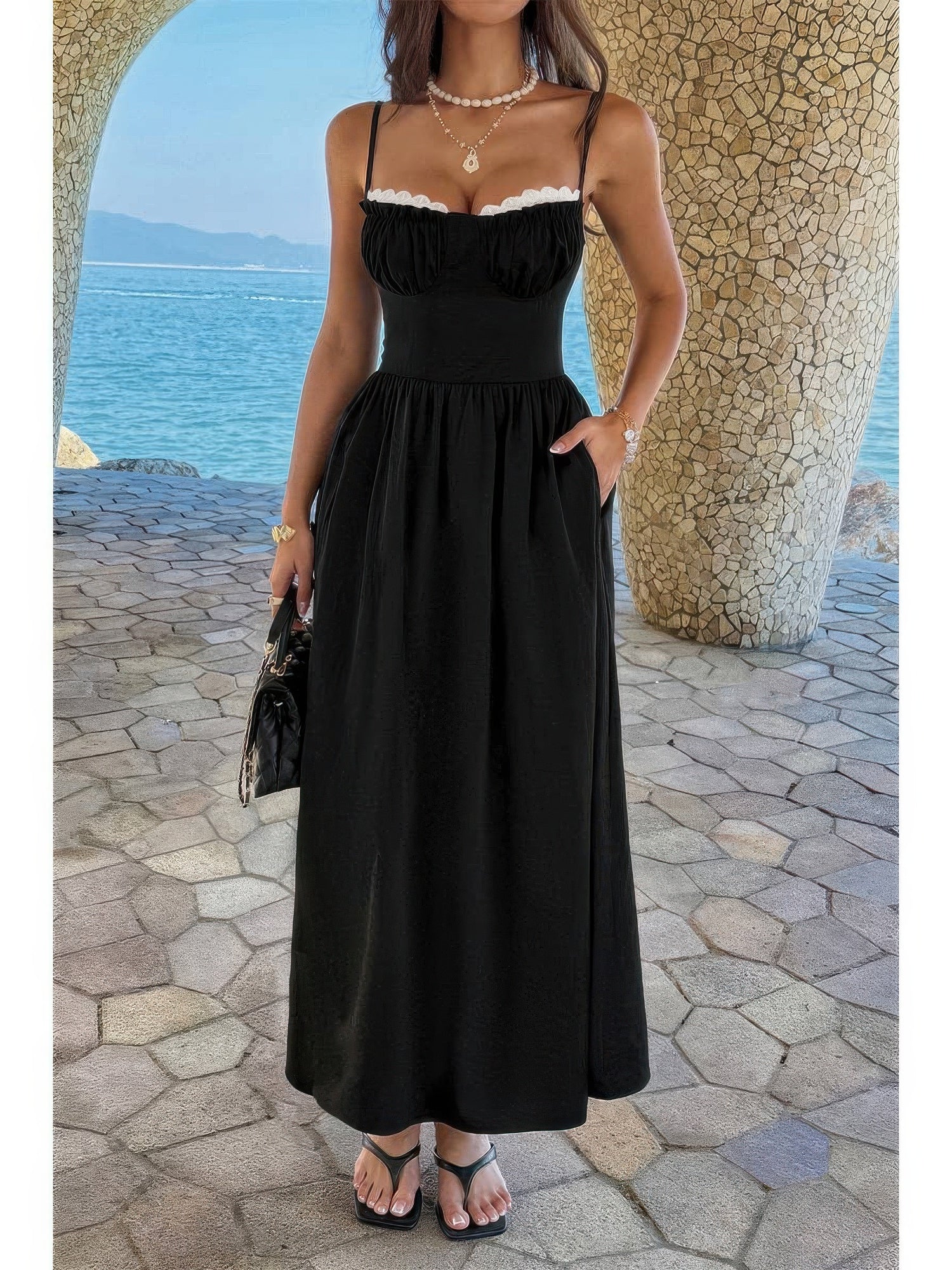 The Noelle Lace Slip Maxi – black spaghetti strap maxi dress with contrast lace detail