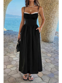 The Noelle Lace Slip Maxi – black spaghetti strap maxi dress with contrast lace detail