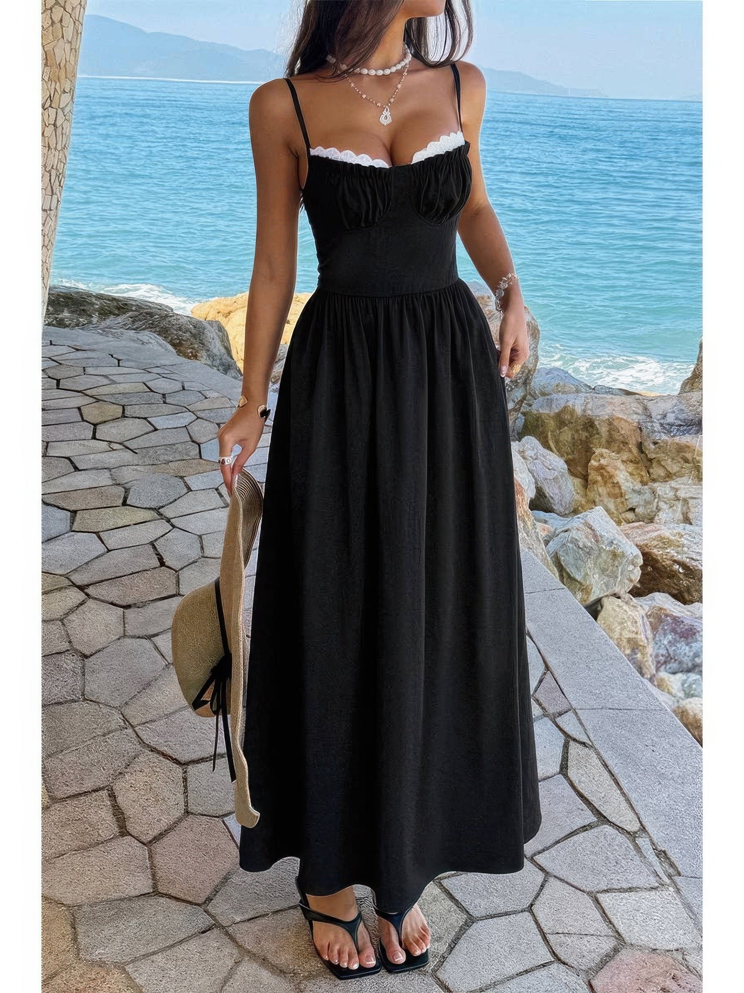 The Noelle Lace Slip Maxi – black contrast lace spaghetti strap maxi dress, view 2