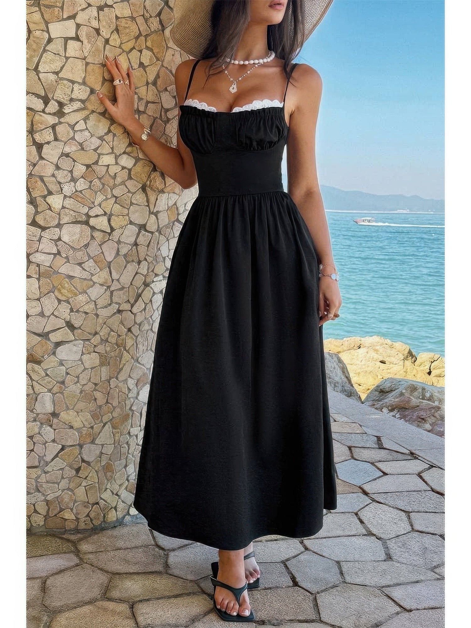 The Noelle Lace Slip Maxi – black contrast lace spaghetti strap maxi dress, view 3