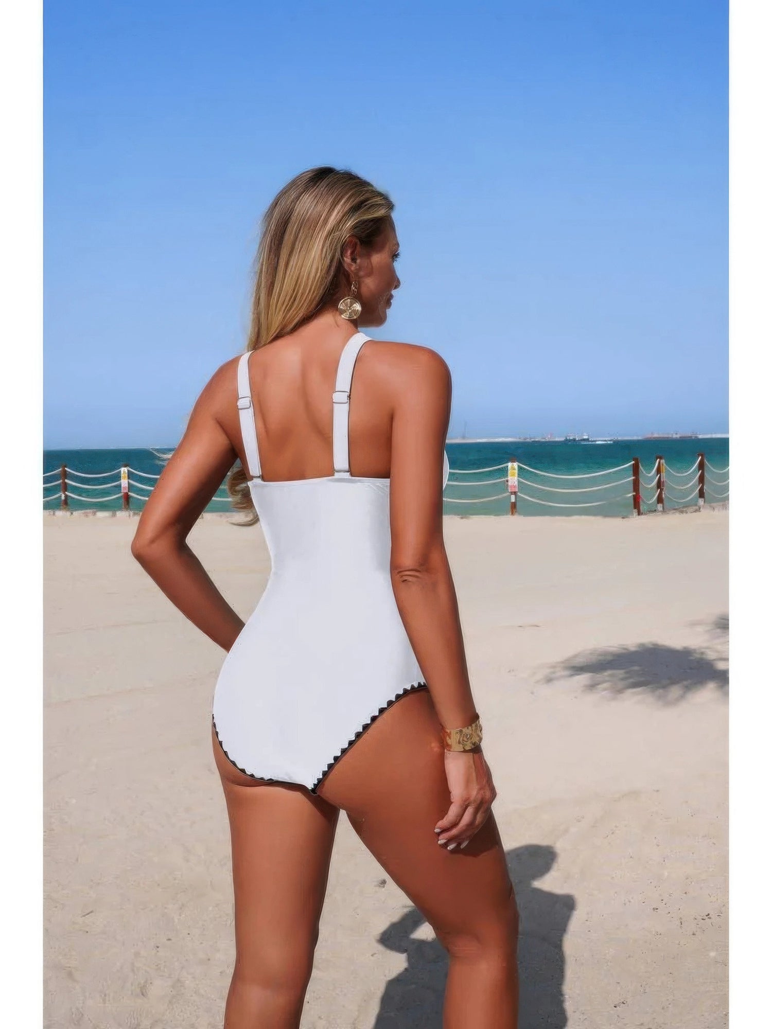 The Amalfi Trim One-Piece – V-neck serrated trim one-piece swimsuit, view 4