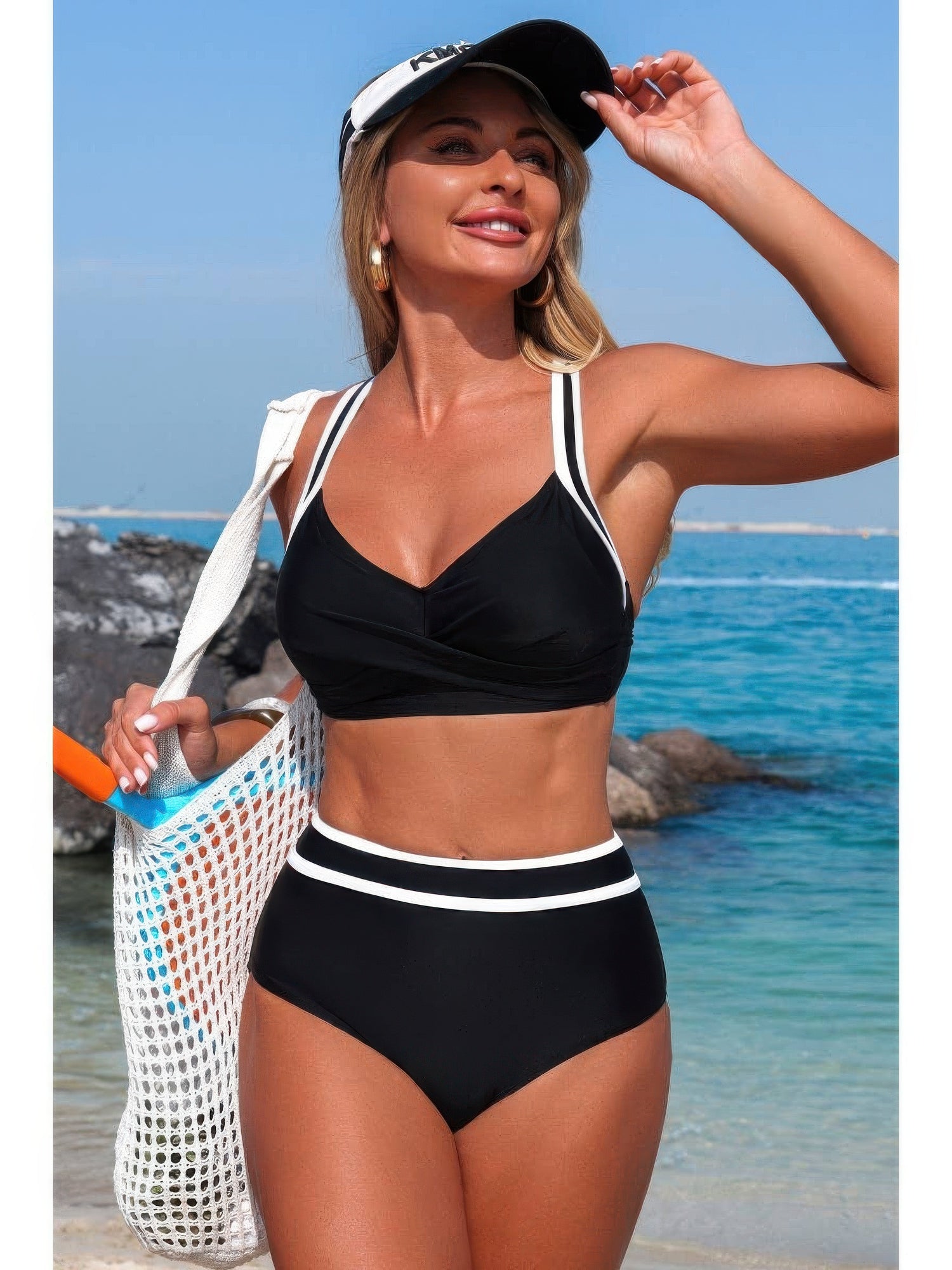 The Coronado Cross Bikini – high waisted two-piece bikini with cross-front top and contrast bottoms