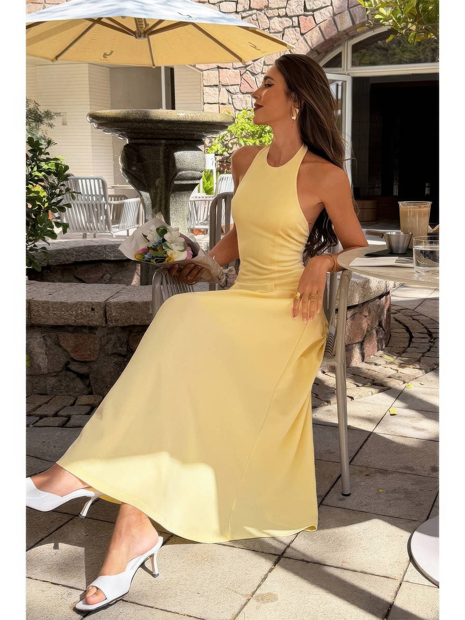 The Daphne Halter Midi – yellow halter dropped hem midi dress, view 4
