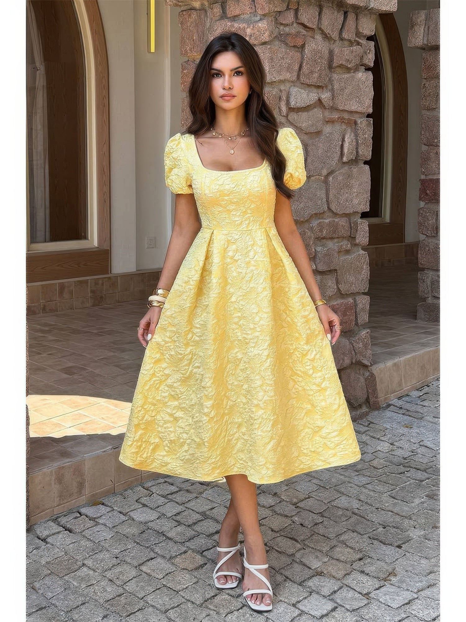 The Marigold Puff Sleeve Midi – yellow square neck puff sleeve midi dress