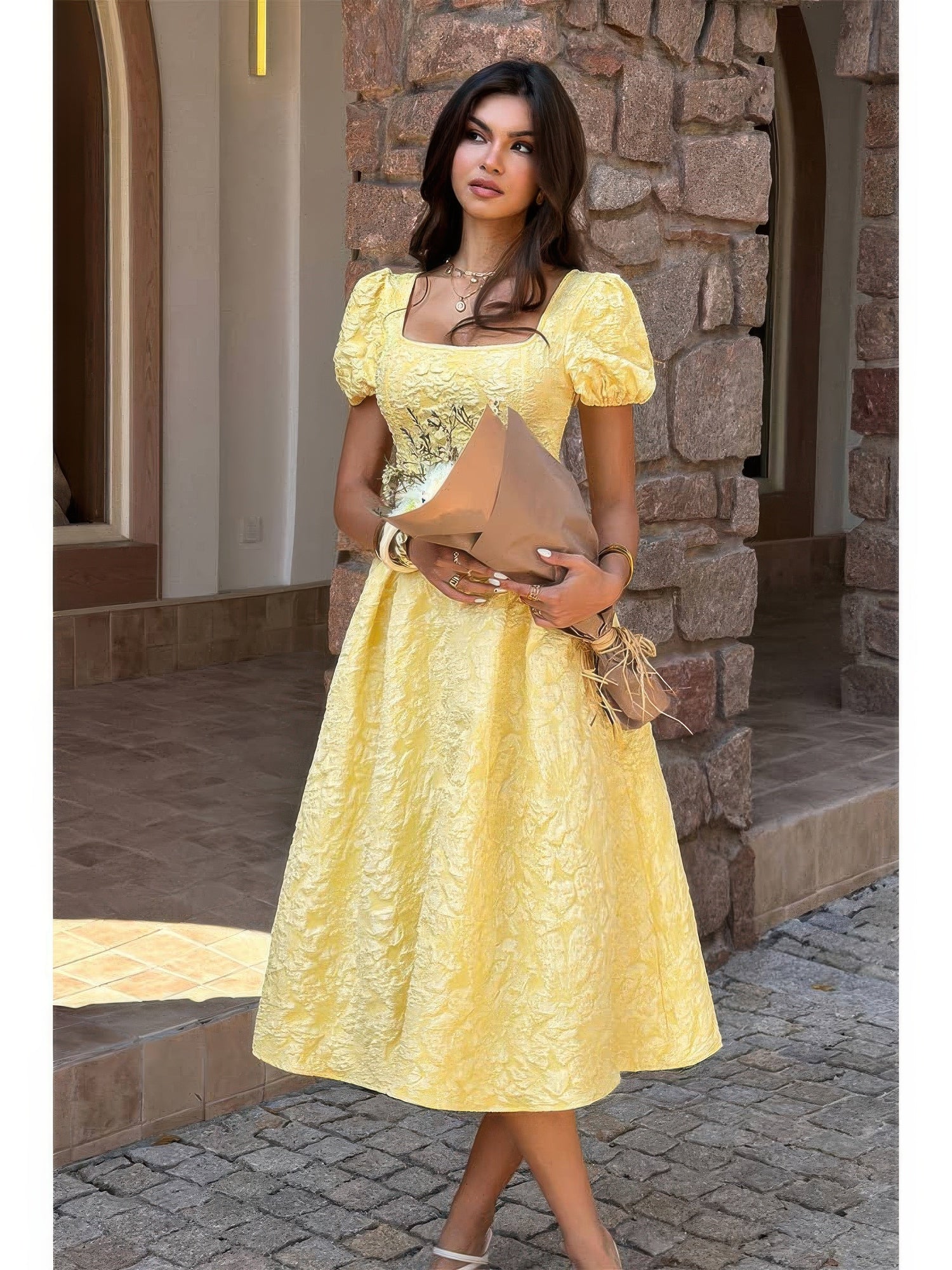 The Marigold Puff Sleeve Midi – yellow square neck puff sleeve midi dress, view 3
