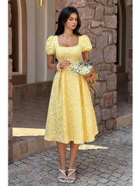 The Marigold Puff Sleeve Midi – yellow square neck puff sleeve midi dress, view 4