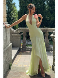 The Isla Tulle Maxi – green halter deep V backless tulle maxi dress