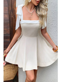 The Cora Tie-Shoulder Dress – beige square neck tie-shoulder dress, view 3