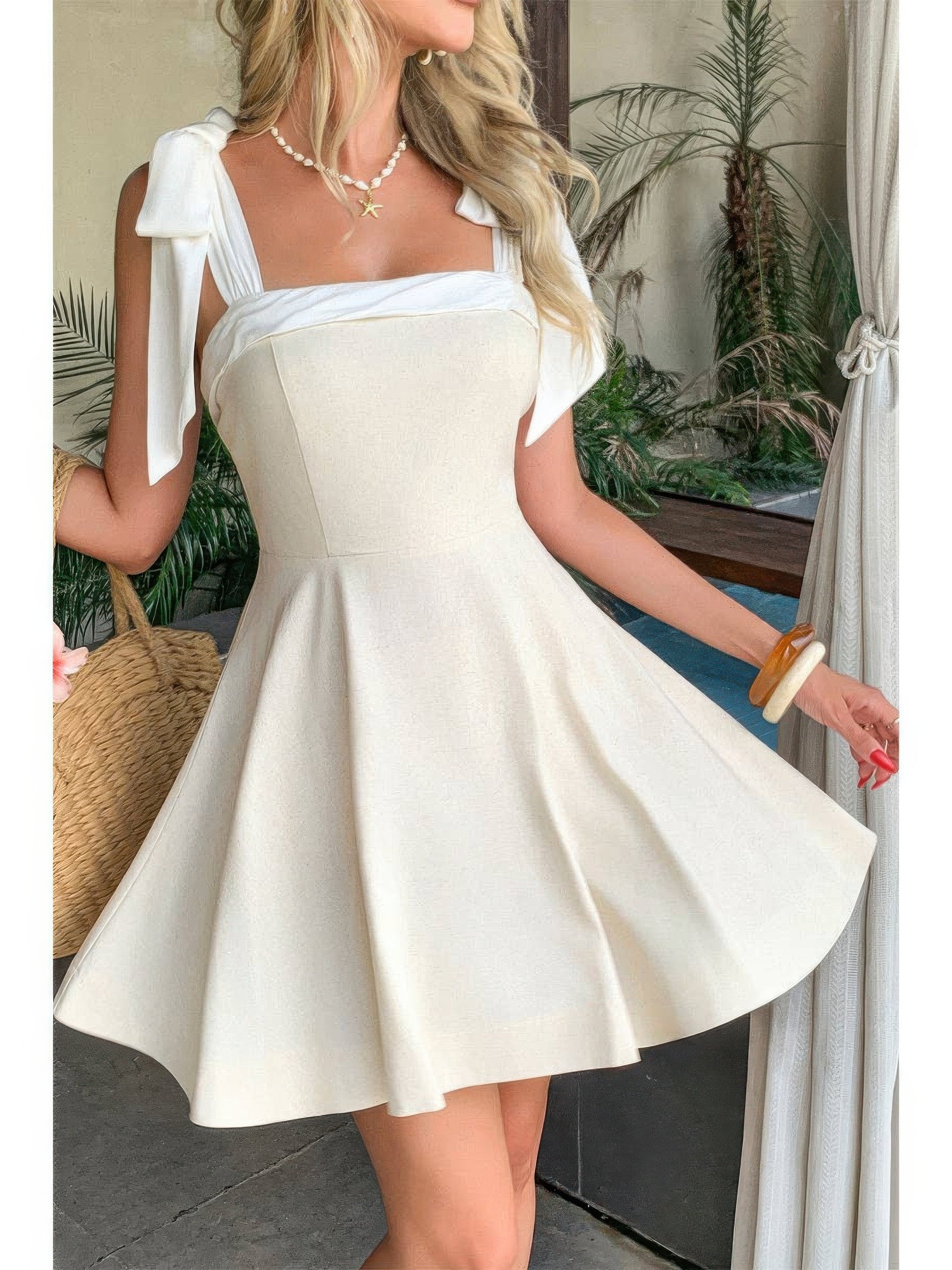 The Cora Tie-Shoulder Dress – beige square neck tie-shoulder dress, view 4