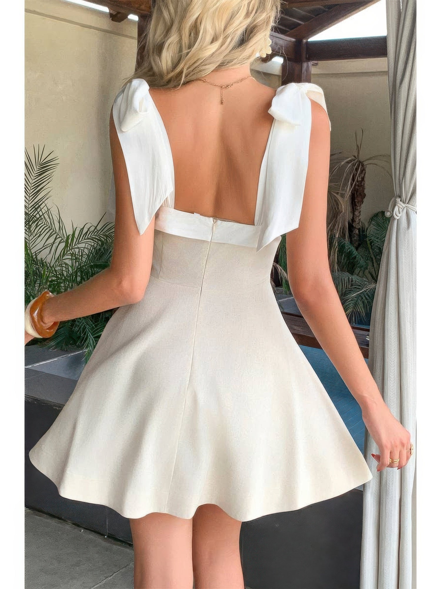 The Cora Tie-Shoulder Dress – beige square neck tie-shoulder dress, view 5