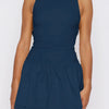 Boat Neck Sleeveless Ruched Ruffle Hem Mini Dress