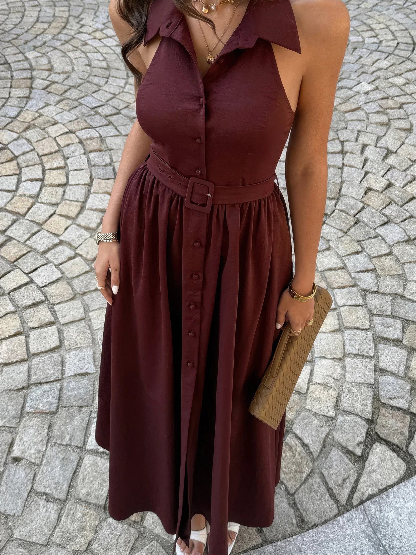 The Whitney Belted Midi – brown collared belted A-line midi dress, view 3