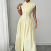 Front Slit Collar Cap Sleeve Ruched Waist Long Dress