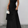 Off Shoulder Cross Back High Waist Layer Maxi Dress