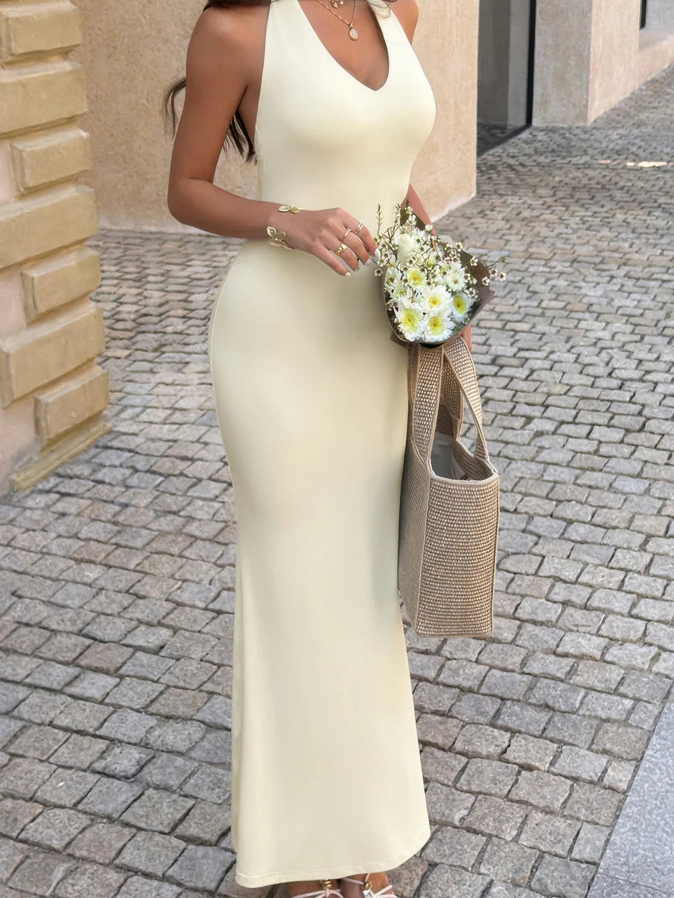 The Saffron Halter Maxi – yellow halter maxi dress with back split, view 2