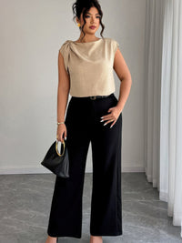 The June Tie Neck Blouse – plus size khaki colorblock sleeveless blouse with tie neckline