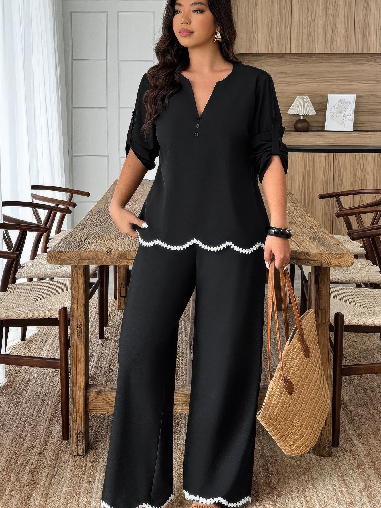 The Ravenna Ruffle Set – plus size black two-piece set with contrast color and ruffle trim