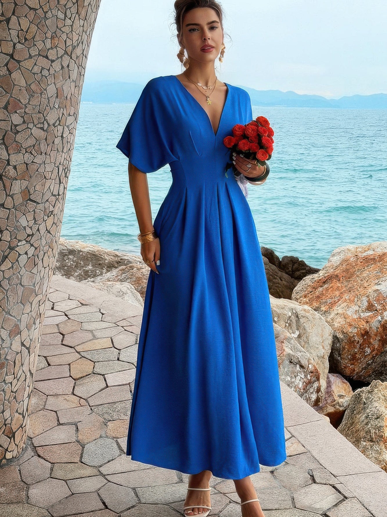 The Marion Batwing Dress – blue pleated batwing sleeve A-line dress